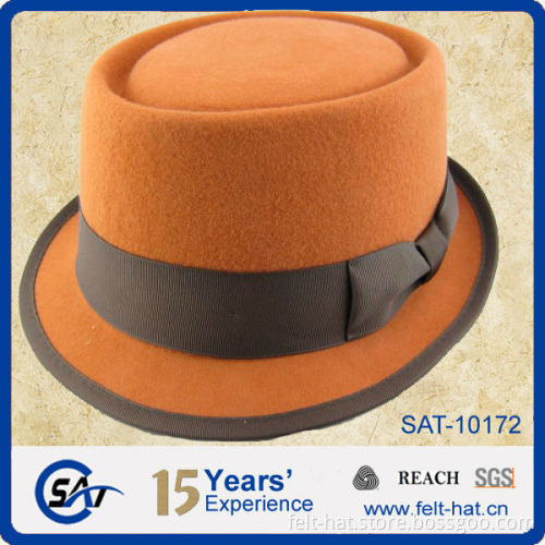 100% Wool Felt fedora hats for women, orange flat top pork pie hat with bowtie